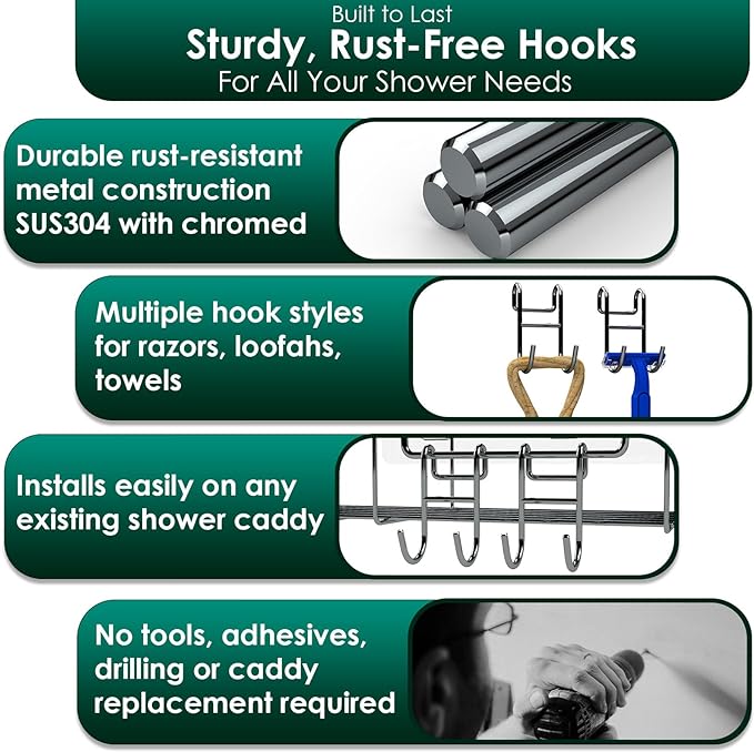 Shower Caddy with Hooks - Heavy Duty Rustproof Helmet Fence Hooks for Wire Shelves - 8 Pack Silver