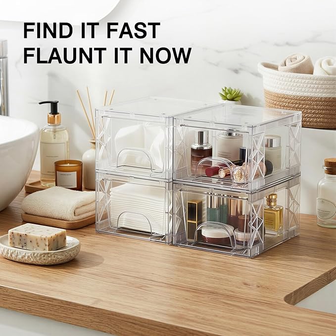OUTUXED Under Bathroom Sink Organizer Stackable Storage Drawers 4.4in Small Acrylic Medicine Cabinet Bins, Simply Assembled Box Containers for Cosmetics, Bathroom, Kitchen, Snack(4 Pack)