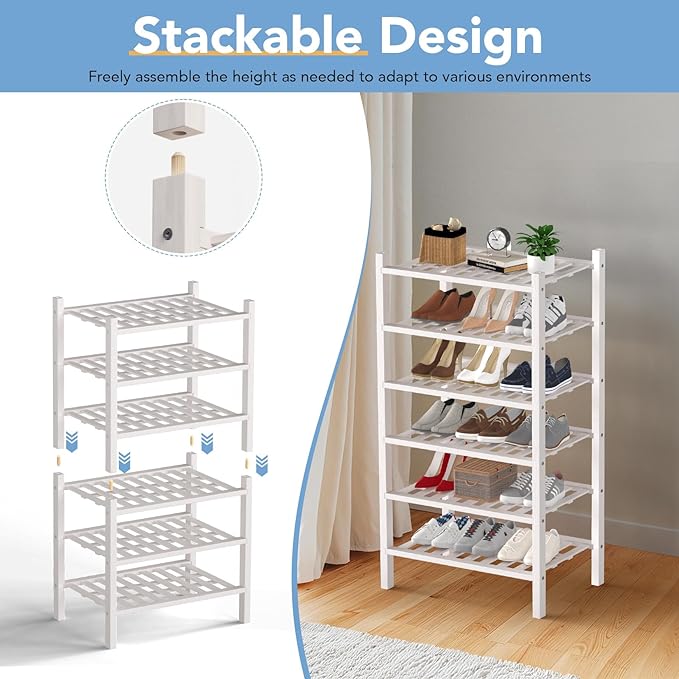 Haddockway Small 6 Tier Bamboo Shoe Rack Storage Organizer,Multifunctional Free Standing Stackable Shoe Shelf with Grid Panel for Closet,Hallway,Entryway,Small Space 18"x11"x34"