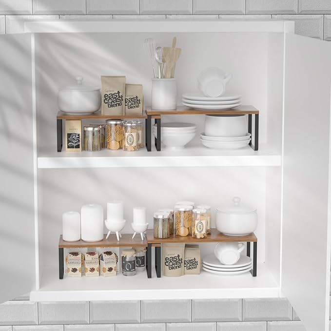 NEX Kitchen Cabinet and Counter Shelf Organizer, Stackable & Expandable, Set of 4, Black and Rustic Brown - 7.7 x 15.6 x 6.2''
