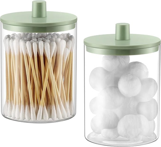 Glass Qtip Holder Dispenser for Bathroom, 2 Pack, Green