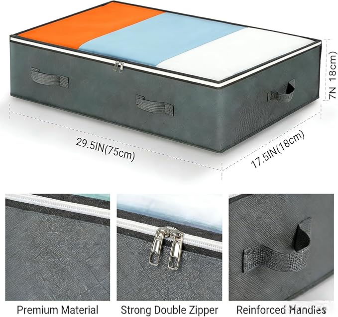 4 Pack 90L Under Bed Storage, Closet Organizers and Storage Containers with Clear Window Foldable Underbed Storage Bags for Clothes,Shoes, Blankets Pillows, Linen Sheets, Grey