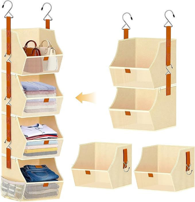 Fabric 4 Tier Hanging Closet Organizers Heavy Duty Shelf Hanging Storage Towel Clothes Sweater Jeans Bag Organizer For Closet For Bedroom,Dorm,RV,See Through Front Panel, Space-Saving (Beige-4Tier)