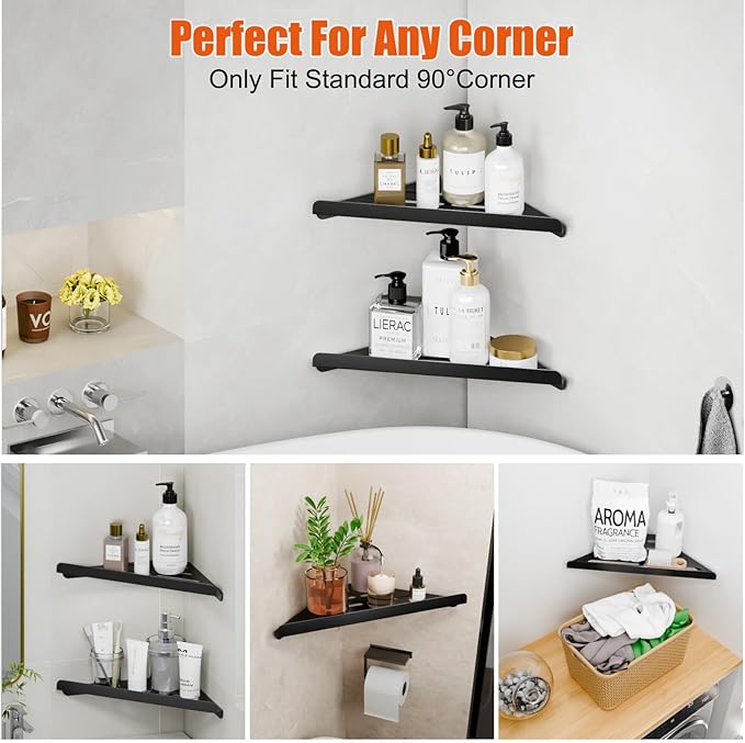 Fikoksol Shower Caddy, 4 Pack Bathroom Corner Shelf, Triangle Shelf Storage for Bathroom Shower, Black Metal Shower Shelf & Rustproof Wall Mounted Adheisve Shower Organizer Accessories and Essentials