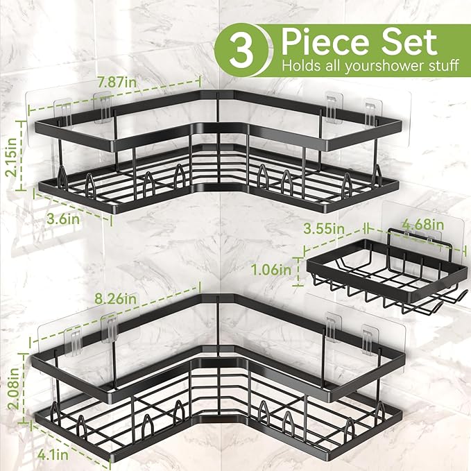 Shower Shelf Corner, Adhesive Shower Caddy Rustproof, Shower Shelves Corner with Soap Holder, No Drilling Shower Corner Organizer for Dorm, Renters Bathroom, Black, 3 Pack