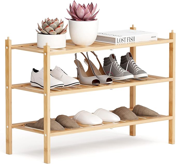 Shoe Rack, 3-Tier Bamboo Stackable Shelf Storage Organizer, Natural