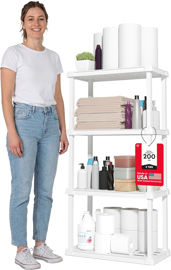 USA 4-Shelf Light Duty Plastic Storage Shelves, 200lb Capacity, White