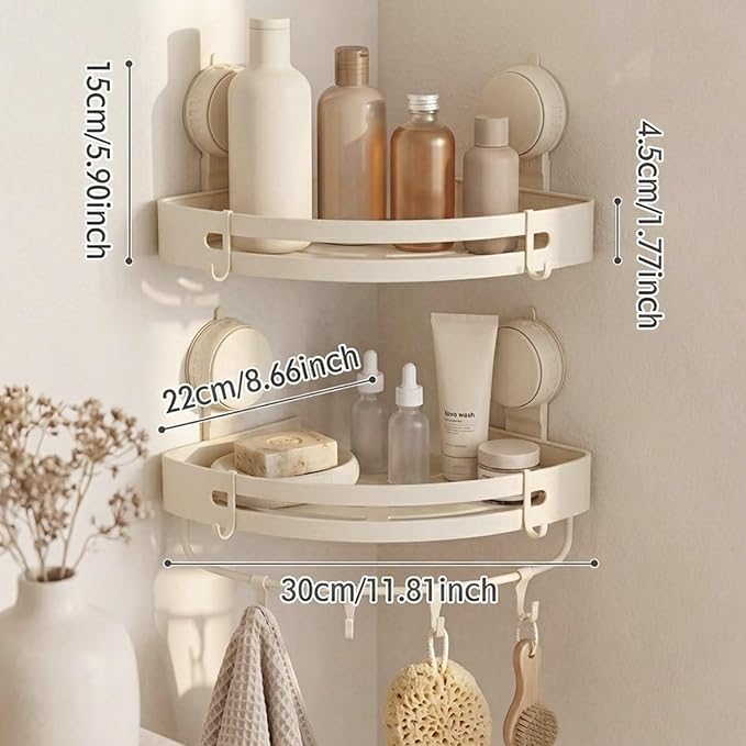 Suction Cup Shower Caddy(2-Pack Cream White),Single 1.77 Inches High No-Drilling Aluminum Bathroom Organizer with Towel Bar & Hooks,Moder wall Shower Shelf and Storage Decor