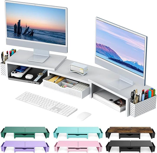 Dual Monitor Stand Riser, Desk Organizer With Drawer and 2 Pen Holders, White
