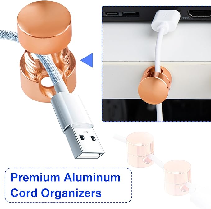 SmallCat 3 Sets Charger Holders for Cords, Rose Gold Color Adjustable Cable Anchor Holders, Adhesive Metal Cord Clips, Cable Management Wire Organizers for Desk, Office, Nightstand