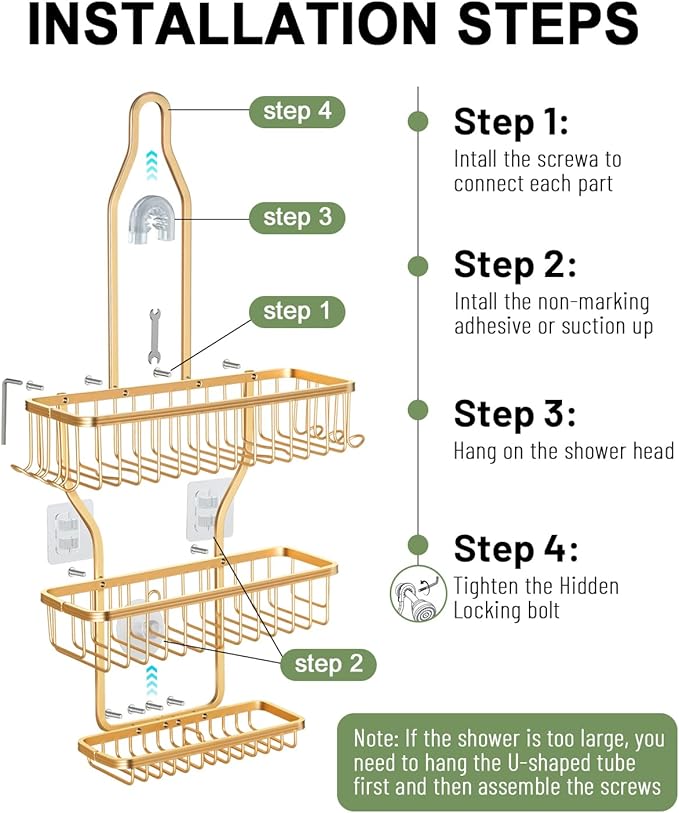 Shower Caddy Hanging, Never Rust Shower Hanging Organizer, Gold