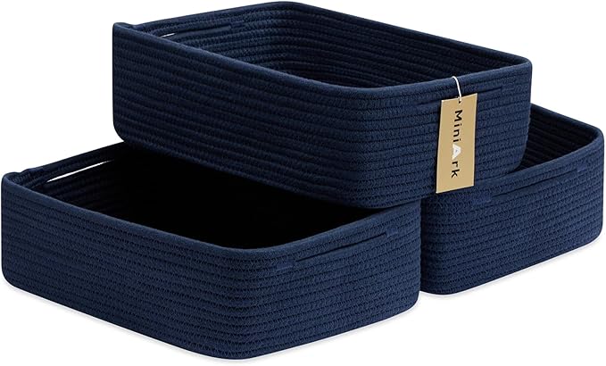MiniArk Large Shallow Organizing Baskets 15x11x5.1 Inches - Rope Woven Storage Bins for Bathroom, Shelves, Cube Closet, Navy Blue 3 Packs