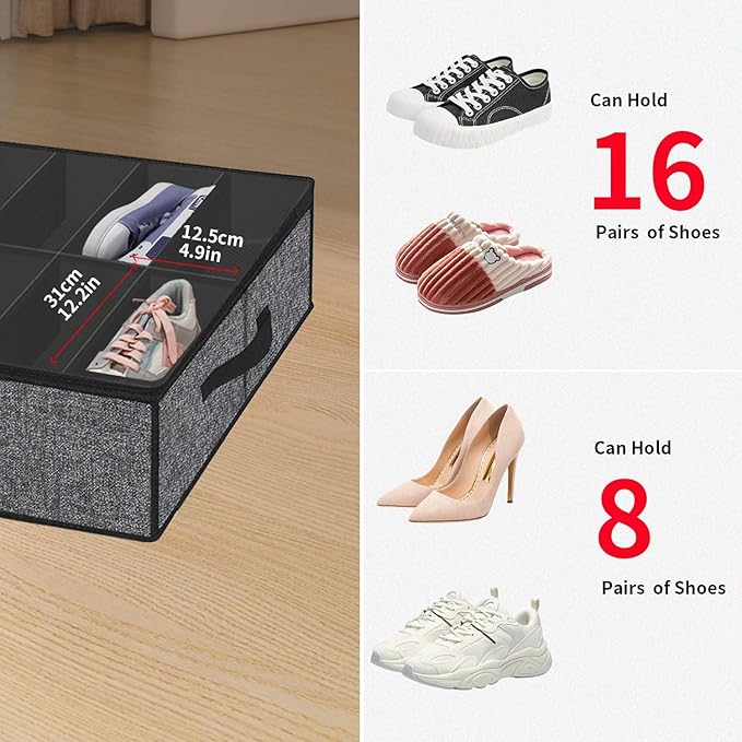 Sturdy Under Bed Shoe Storage Organizer with Handles and Clear Window Fit 16