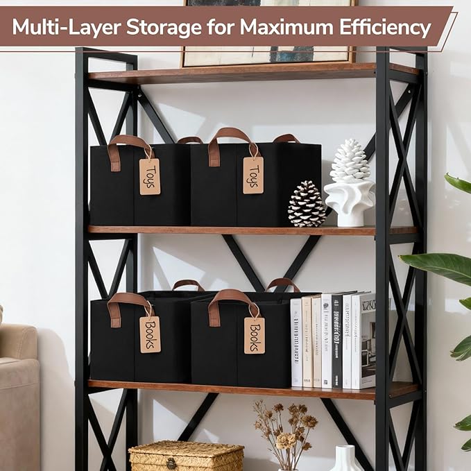 CHICVITA 4 Pack Storage Baskets for Shelves, Collapsible Fabric Closet Storage Bins with Metal Frame, Towel Organizer for Living Room, 14.8" x 10.3" x 8.3", Black