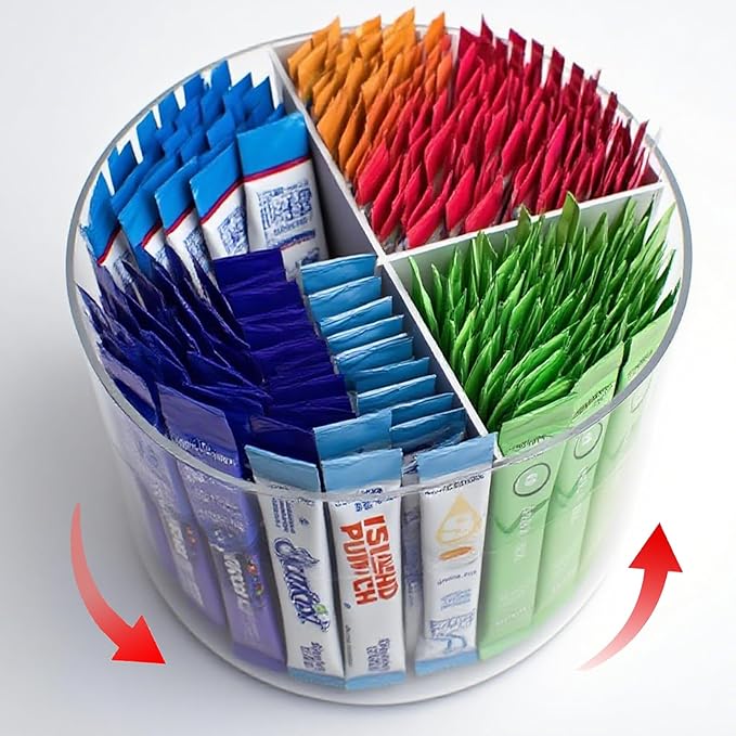 360° Spinning Drink Packet Organizer, Clear BPA-Free Plastic 4-Section Clear Storage for Coffee, Sugar & Drink Mixes | Stackable Kitchen & Pantry Container