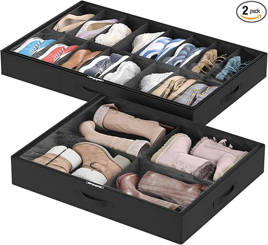 Lifewit Under Bed Shoe Storage Organizer 1 Pack(16 Shoes Cells+4 Boots Cells), 4.3 Inches Profile Fabric Shoes Container Box with Clear Cover, Foldable Storage Bag with 2 Handles, Fits 12 to 20 Pairs