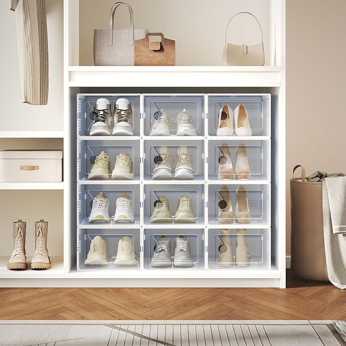 DUMOS Shoe Storage Boxes, 15-Pack Stackable Clear Shoe Containers with Lids, Display Sneaker Case Organizer for Closet, Under Bed, Entryway,White, Fit Size 9