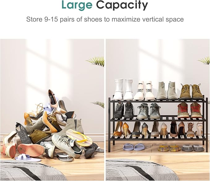 3-Tier Long Black Shoe Rack, Bamboo Wood Shoe Rack for Closet