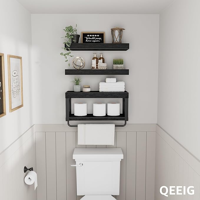 QEEIG Bathroom Shelves Over Toilet - Floating Shelf for Wall Toilet Paper Storage Farmhouse 16 inch Set of 3, Black (029-40B3)