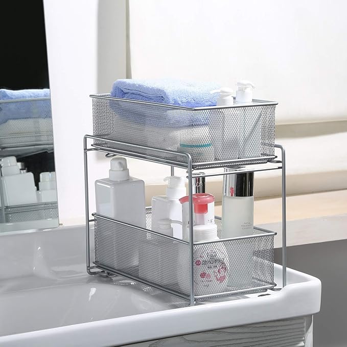 2 Tier Sliding Basket Stackable Cabinet Pull-Out Drawer Mesh Organizer