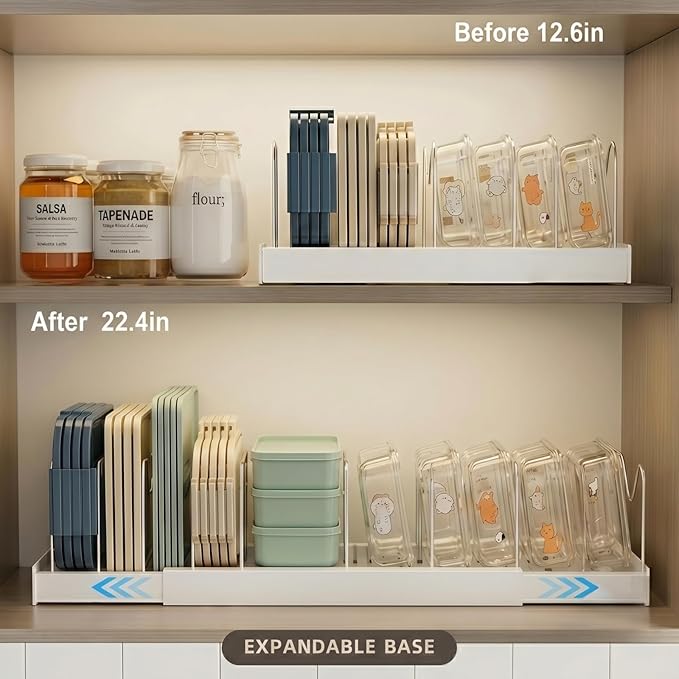 Magheo 2 Pack Expandable Food Storage Container Lid Organizers, 22" Pots and Pans Organizer Under Cabinet with 9 Adjustable Dividers Pot and Pan Lid Holders Rack Inside Cabinet(White)