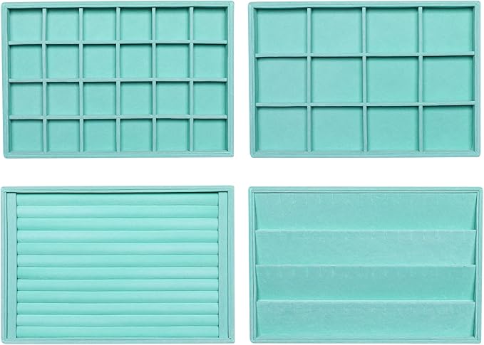 Frebeauty Stackable Velvet Jewelry Organizer Trays for Drawers Inserts Jewelry Storage Tray Display Case, Stud Earrings Bracelets Necklace Rings Accessories Trays for Women(Set of 4)(Turquoise)