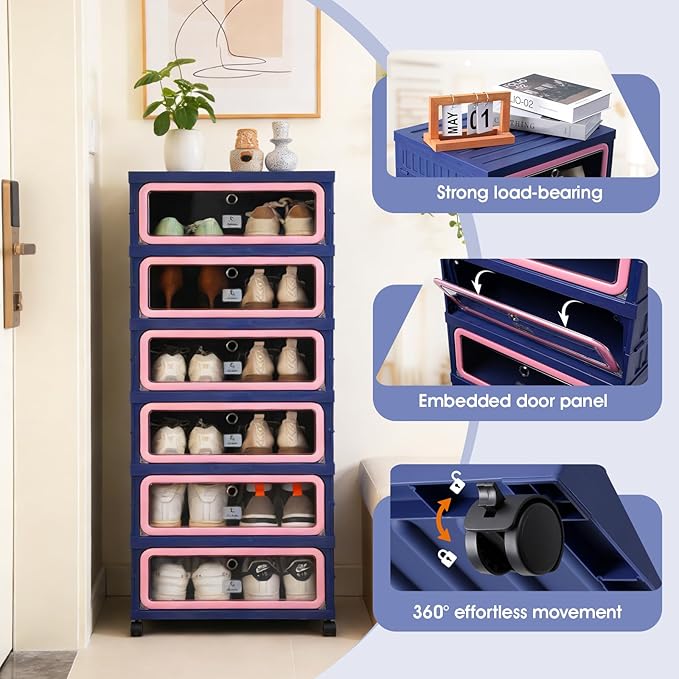 SAYMA Foldable Shoe Rack Organizer, Collapsible Shoe Cabinet with Magnetic Clear Door, Large Plastic Folding Shoe Cabinet, Easy Assembly Shoe Shelves Organizer for Entryway, 6 Tiers-12Pairs