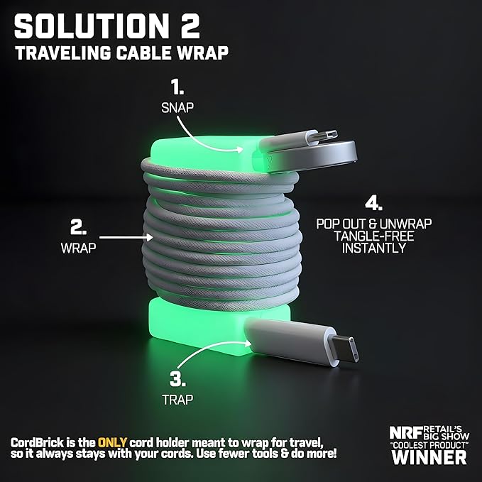 CordBrick 2PK Glowing Silicone + Steel Weighted Cable Holders for Nighstands, Cord Wraps for Travel, Unique iPhone Accessories. Small Graduation Gift for High Schoolers. Gadget for Teens. Pink Glow