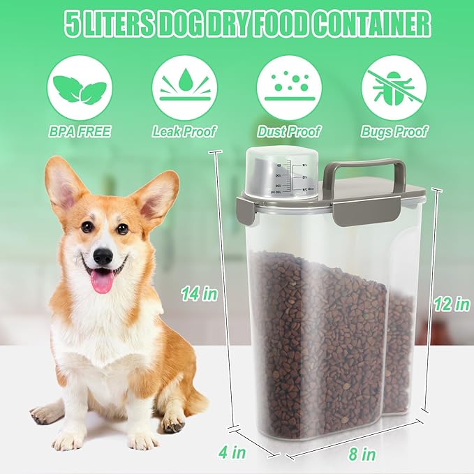5-7LBS Upgraded Large Nozzle Cat Dog Food Storage Container BPA-free, Airtight Pet Food Storage Bin with 4 Lock Buckles, Sealing Gasket, Cup for Pet Food, Dog Treats, Rice, Flour, Dry-Grey