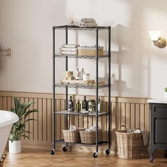 SINGAYE 5 Shelf Storage Wire Shelves Closet Bathroom Organizers Metal Pantry Kitchen Garage Shelving Unit Laundry Room Organization Home Narrow Rack Net Basket with Wheels Black