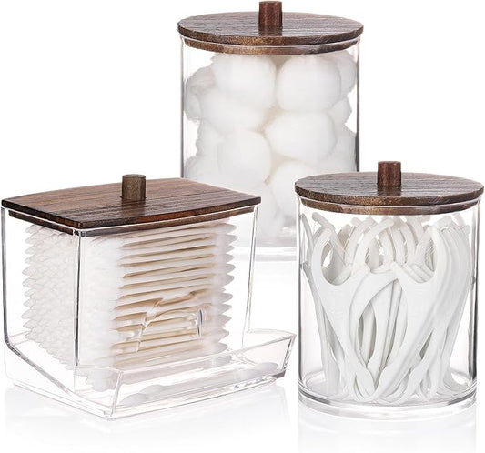 Qtips Dispenser Bathroom Container, Brown Wood Lids