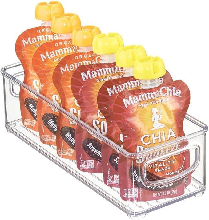 mDesign Stackable Plastic Food Storage Bin with Handles for Kitchen Pantry, Cabinet, Refrigerator, Freezer - Organizer for Fruit, Yogurt, Squeeze Pouches - BPA Free, 10" Long - Clear