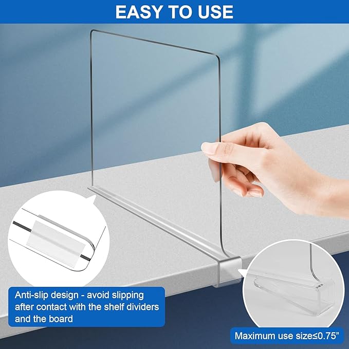 12 Inches Shelf Dividers for Closet Organization and Storage, 12 Pack Vertical Purse Organizer for Closet Adjustable Acrylic Bookshelf for Organization, Perfect for Sweater Shirts Handbags in Bedroom