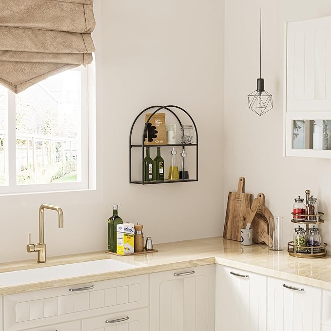 Crofy Black Arched Frame Wall Shelf, Decorative 2 Tier Bathroom Wall Shelf with Transparent Tempered Glass Shelves and Robust Storage Capacity, 5.1" D x 16.3" W x 18.6" H