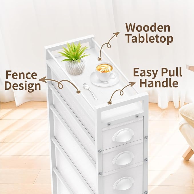 5 Drawer Narrow Slim Cabinet Skinny Storage Tower Chest, White