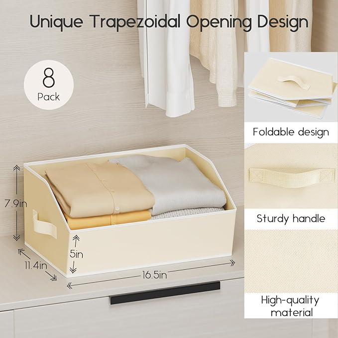 Homsorout Large Closet Organizers and Storage Bins - 6 Pack Trapezoid Storage Baskets for Shelves, Foldable Fabric Baskets with Handles Ideal for Closet, Basket, Wardrobe and Shelf Storage, Beige