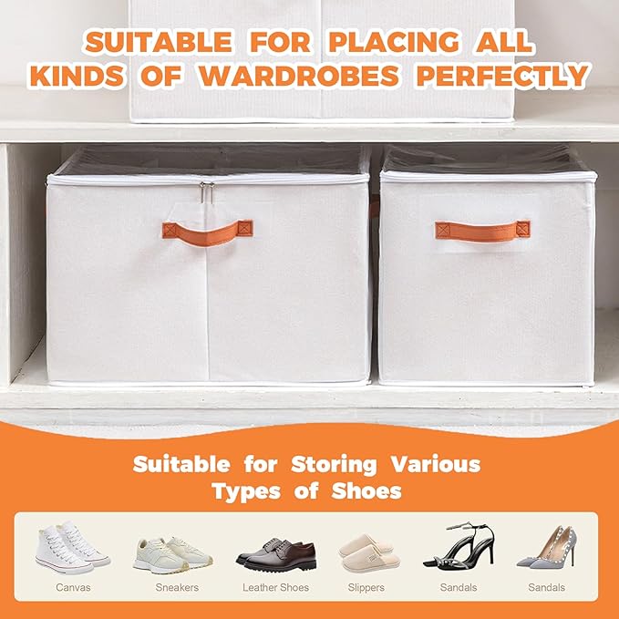 2 Pack Shoe Organizer for Closet - under bed storage shoe organizer with Adjustable Dividers and Clear Cover, Stackable shoe rack Fit 16 to 32 Pairs for dorm room essentials (cream-colored, 20 grids)