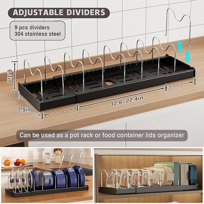 Magheo 2 Pack Expandable Food Storage Container Lid Organizers, 22" Pots and Pans Organizer Under Cabinet with 9 Adjustable Dividers Pot and Pan Lid Holders Rack Inside Cabinet(Black)