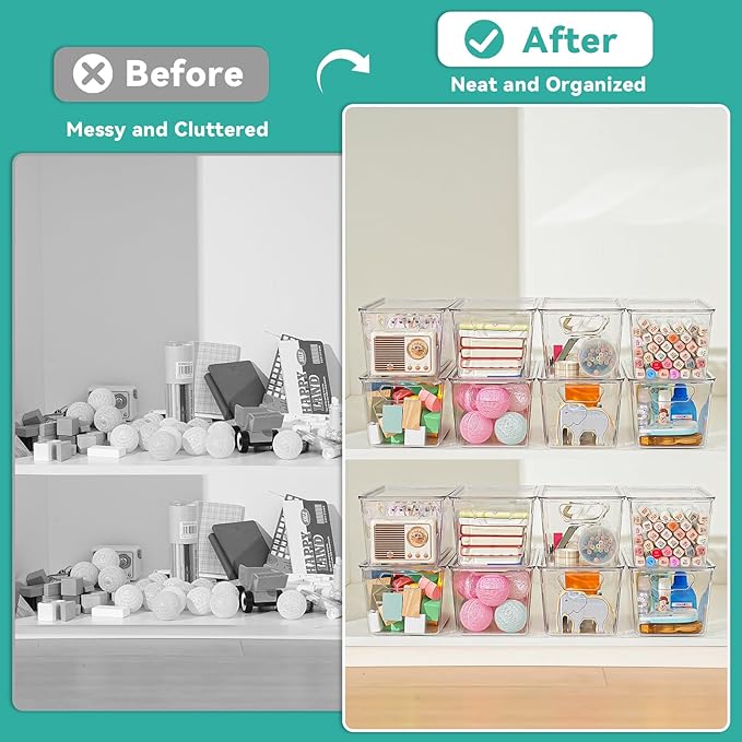 6 Pack Small Clear Storage Bins with Lids, Acrylic Arts and Craft Storage Containers, Stackable Clear Plastic Craft Storage Bins with Handles for Pantry Organizers and Storage, Kitchen, Fridge, Office