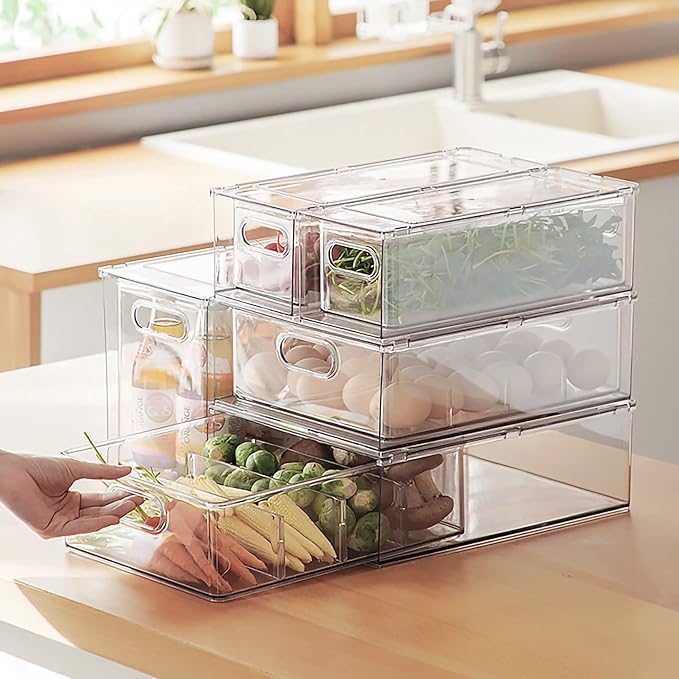 4Pack Stackable Fridge Drawers Pull-out Storage Bins with Handle Clear Food Container for Refrigerator Plastic Dresser Organizer Fruit&Veggie Keeper for Freezer Cabinet Kitchen Organization