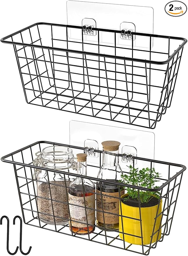 MaraFansie Hanging Kitchen Baskets Wire Storage Basket Over the Cabinet Door Organizer, No Drilling Adhesive Basket for Cabinet Pantry Organization and Kitchen, Bathroom, Storage, 2 Pack, Black