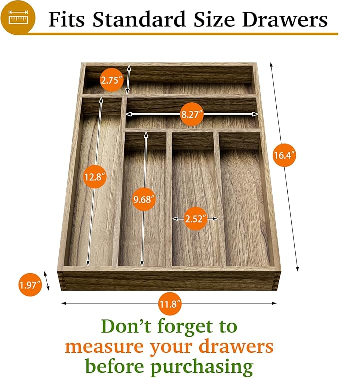 Kiasthome Acacia Wood Silverware Drawer Organizer, 6 Slots