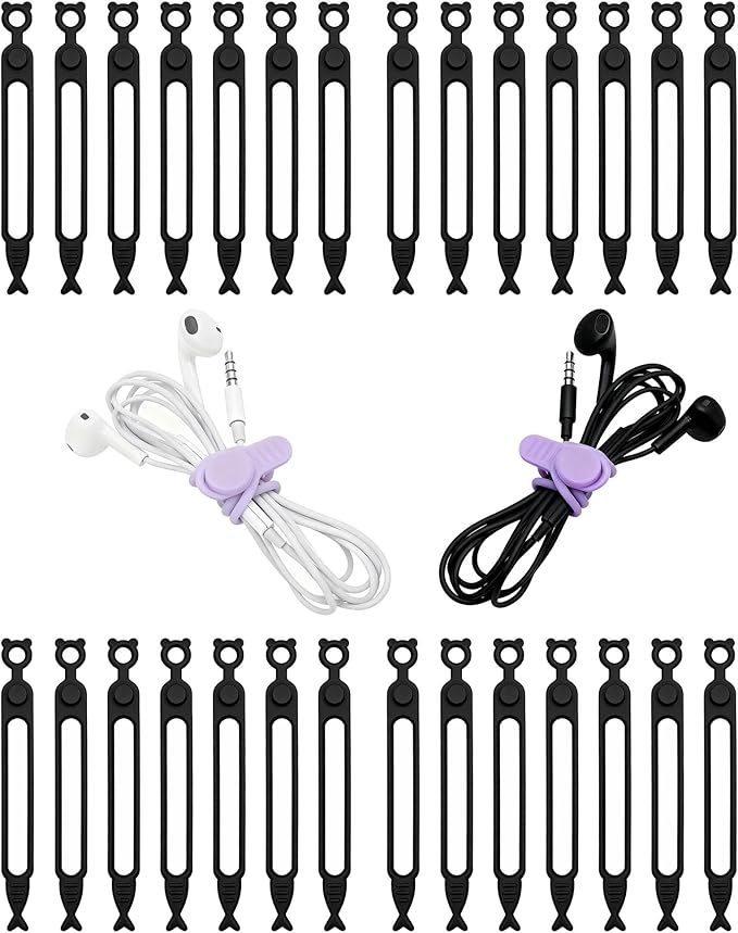 28 Pcs Silicone Cable Ties Reusable, Black Cable Cord Organizer Straps for Charging Wire, Computer Cords