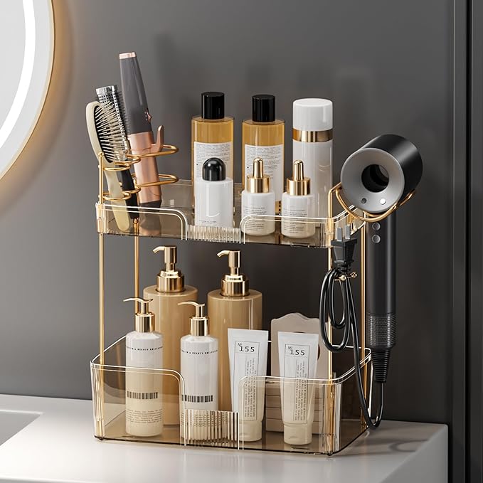 Shuang Qing 2 Tier Gold Bathroom Counter Organizer with Hair Dryer Holder, Skincare & Makeup Organizer, Cosmetics Shelf for Vanity Tray