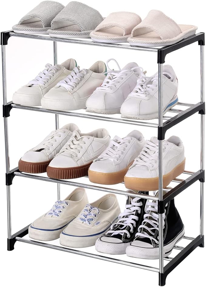 Jucaifu Stackable Small Shoe Rack, Entryway, Hallway and Closet Space Saving Storage and Organization (4-Tier, Black)