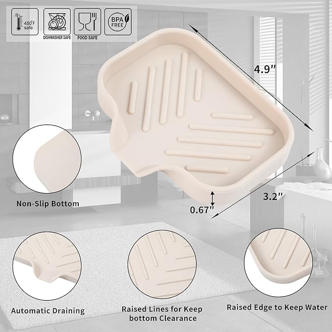 MicoYang Silicone Soap Dish with Drain Spout — Self-Draining Sink Organizer Tray for Bathroom & Kitchen, Holds Bar Soap, Sponges & Dispensers, Non-Slip & Dishwasher Safe, Tapioca (Small, 4.9"×3.2")