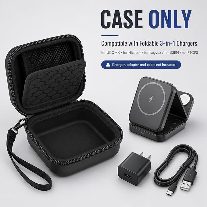 Hard Shell Travel Case for Foldable 3-in-1 Wireless Charger, Portable Storage Organizer for UCOMX/for Hicober/for Iseyyox/for LISEN Charging Station, Protective Bag for Cables & Adapters (Box Only)