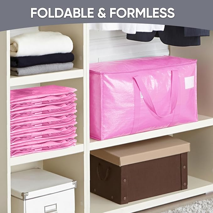 TICONN 8 Pack Extra Large Moving Bags Heavy Duty with Zippers & Carrying Handles, Durable Storage Bags Moving Boxes for Closet Organizers and Storage (8 Pack, Pink)