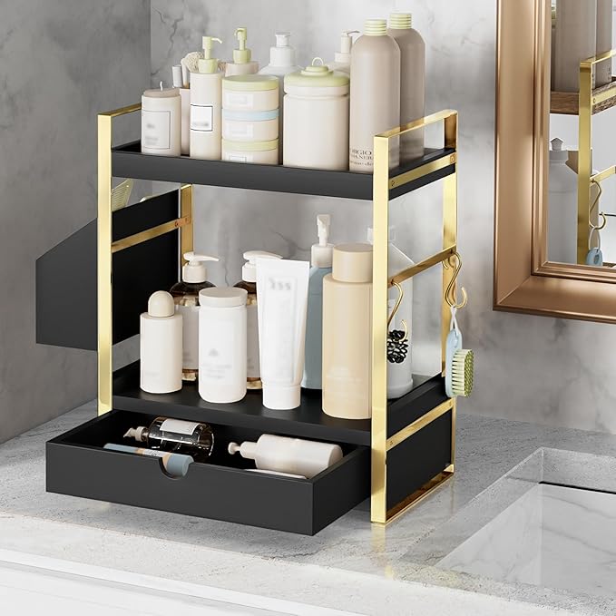 2-Tier Bathroom Counter Organizer with Drawer and Basket, Black-Gold