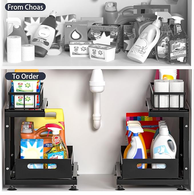 Saydear Under Sink Organizer, 2-Tier Premium Metal Pull-Out Racks with Adjustable Height, Heavy Duty Sliding Bin for Bathroom and Kitchen Cabinet Storage, Rust Resistant 2 Pack Black